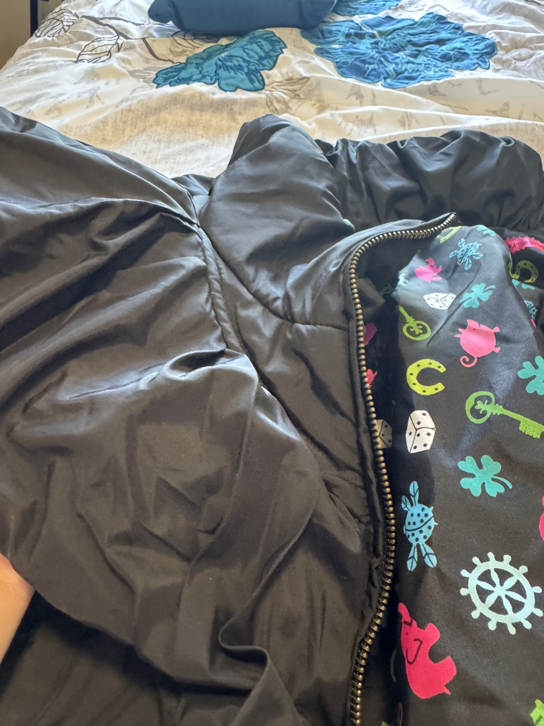 Black Puffer Jacket with Fun Print Lining