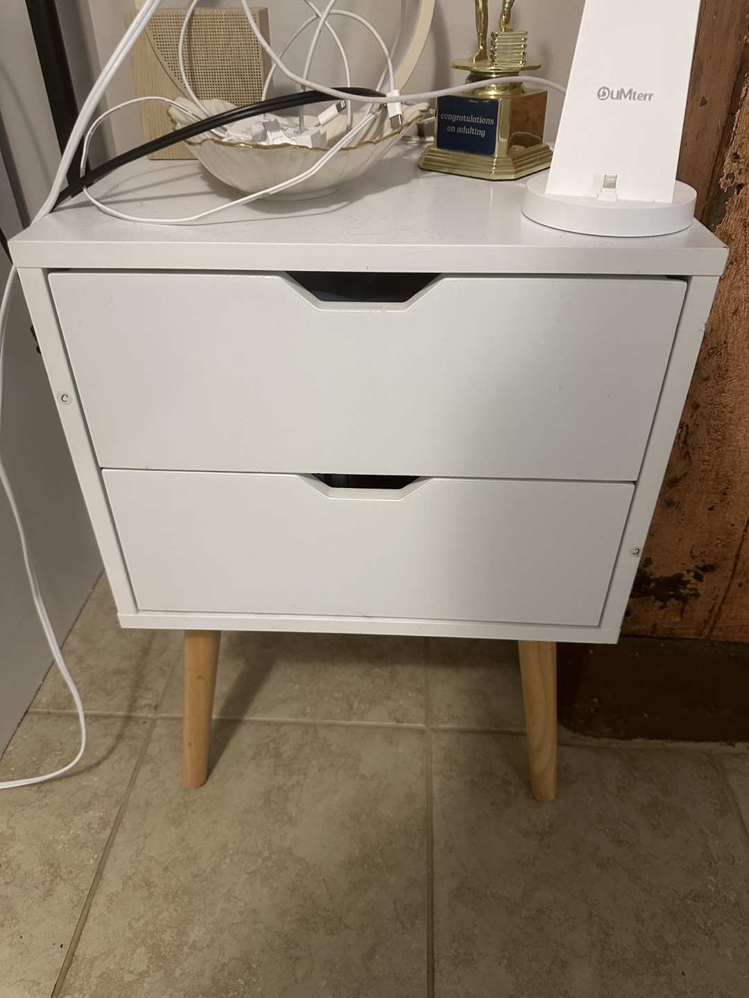White Two-Drawer Nightstand with Wooden Legs