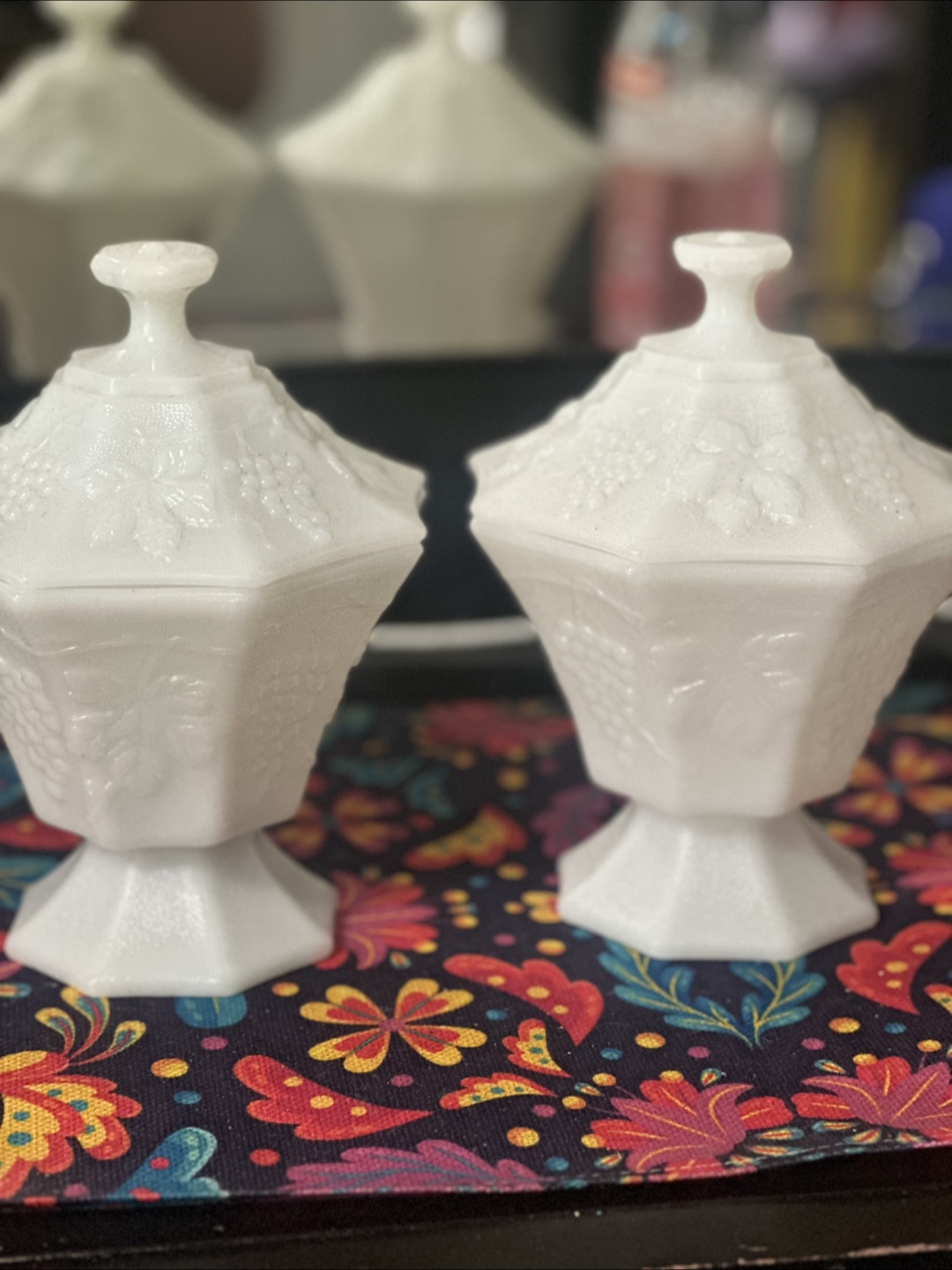 Vintage Pair of Milk Glass Candy Dishes with Lids