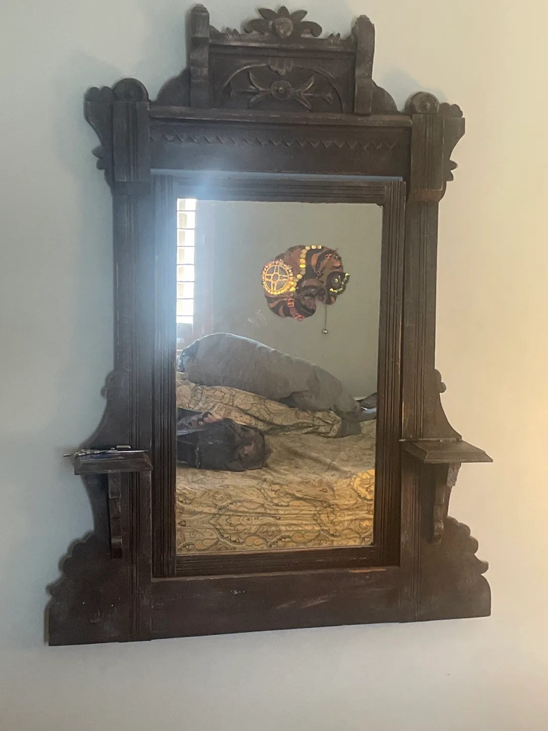 Antique Ornate Dark Wood Mirror with Shelves thumbnail