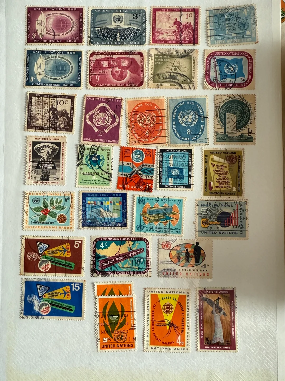 Collection of vintage United Nations postage stamps thumbnail