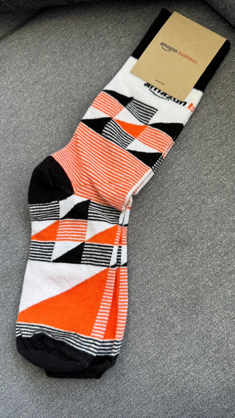 New Sock Club Socks - Orange, Black, and White Geometric Pattern thumbnail