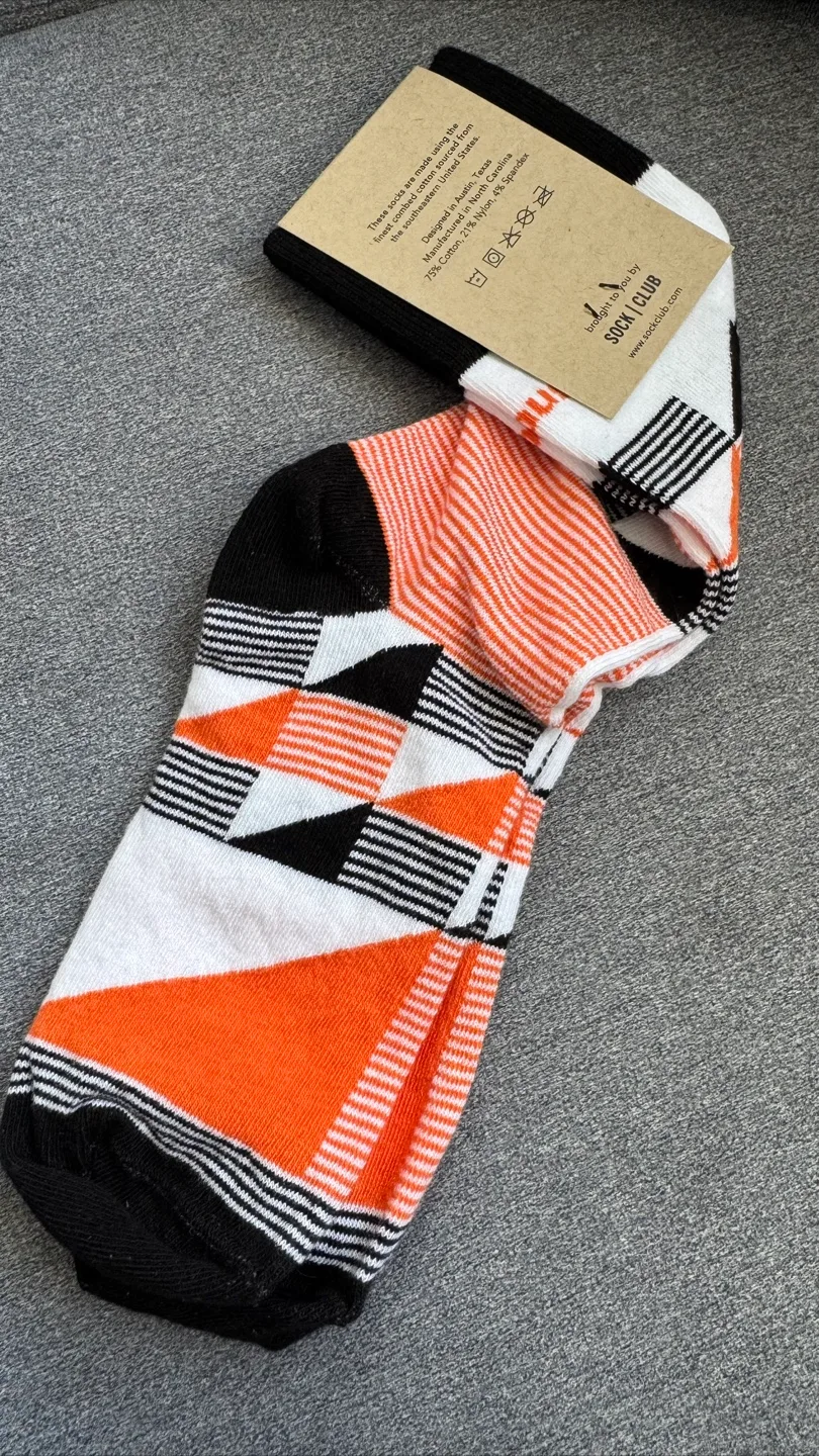 New Sock Club Socks - Orange, Black, and White Geometric Pattern image indicator(2)