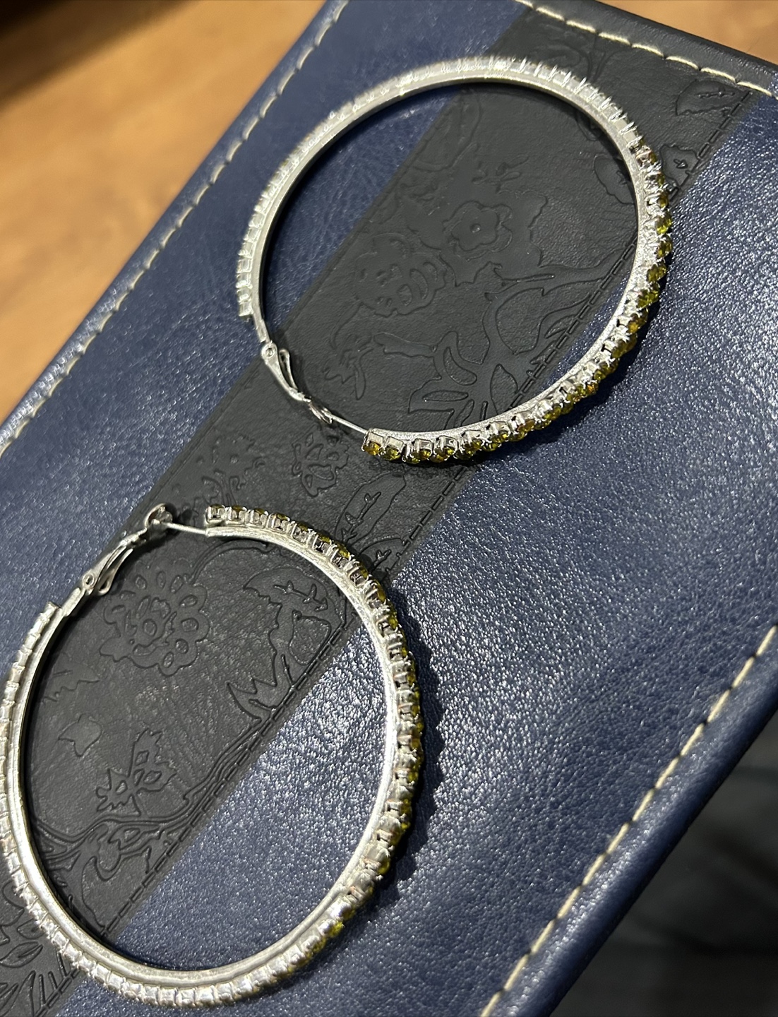Large Silver Hoop Earrings with Yellow Crystals - photo 2