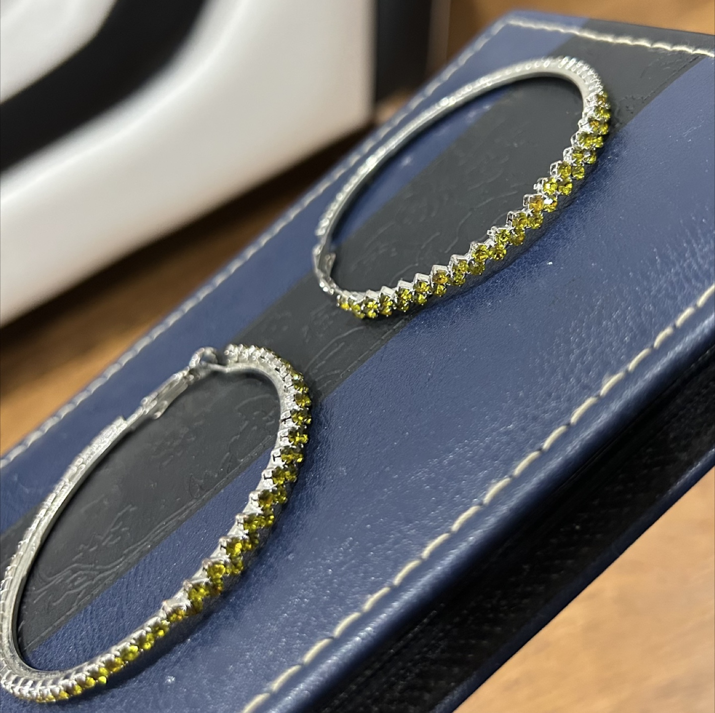 Large Silver Hoop Earrings with Yellow Crystals