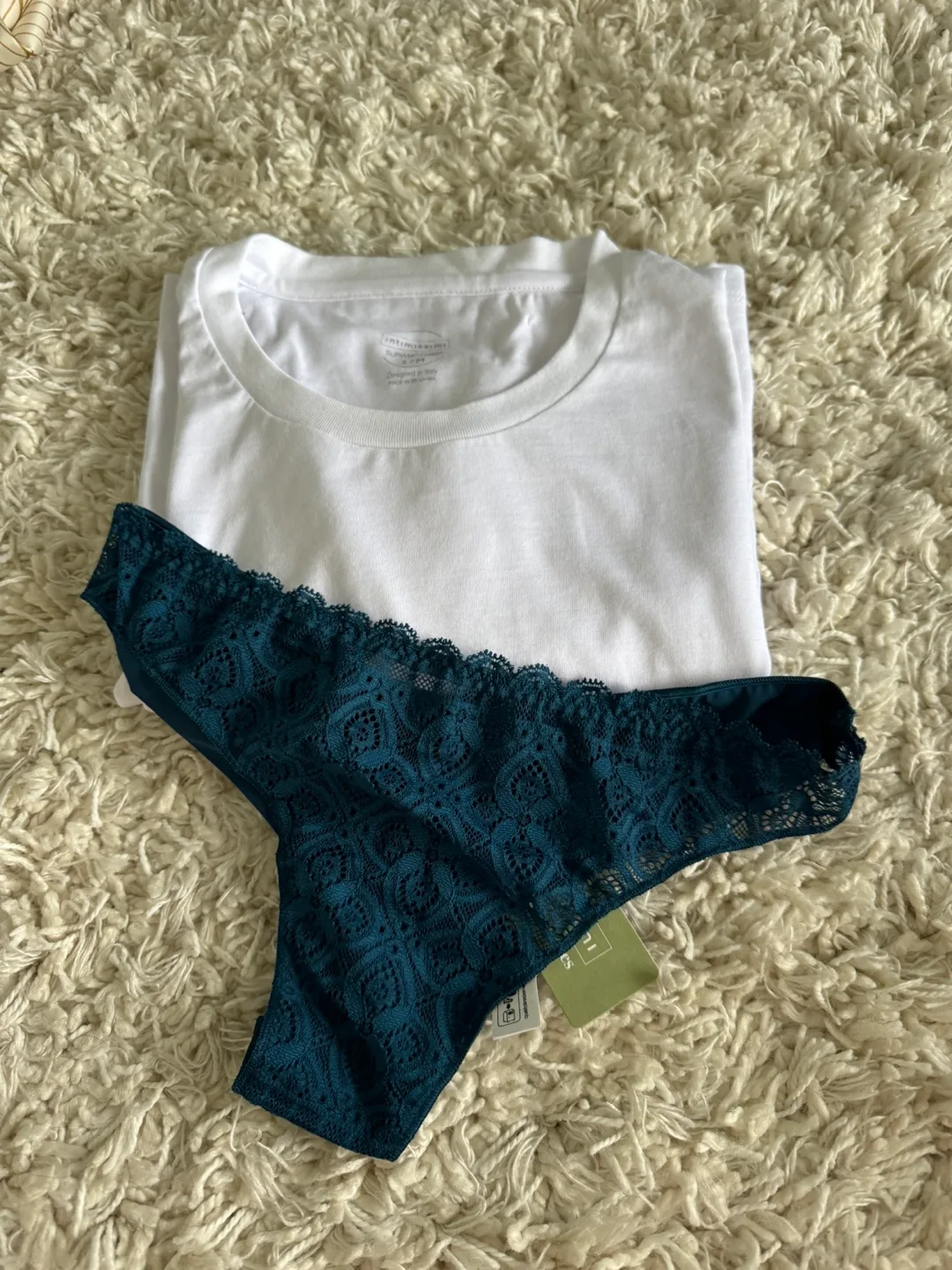 Intimissimi White T-Shirt and Teal Lace Thong Set image indicator(3)
