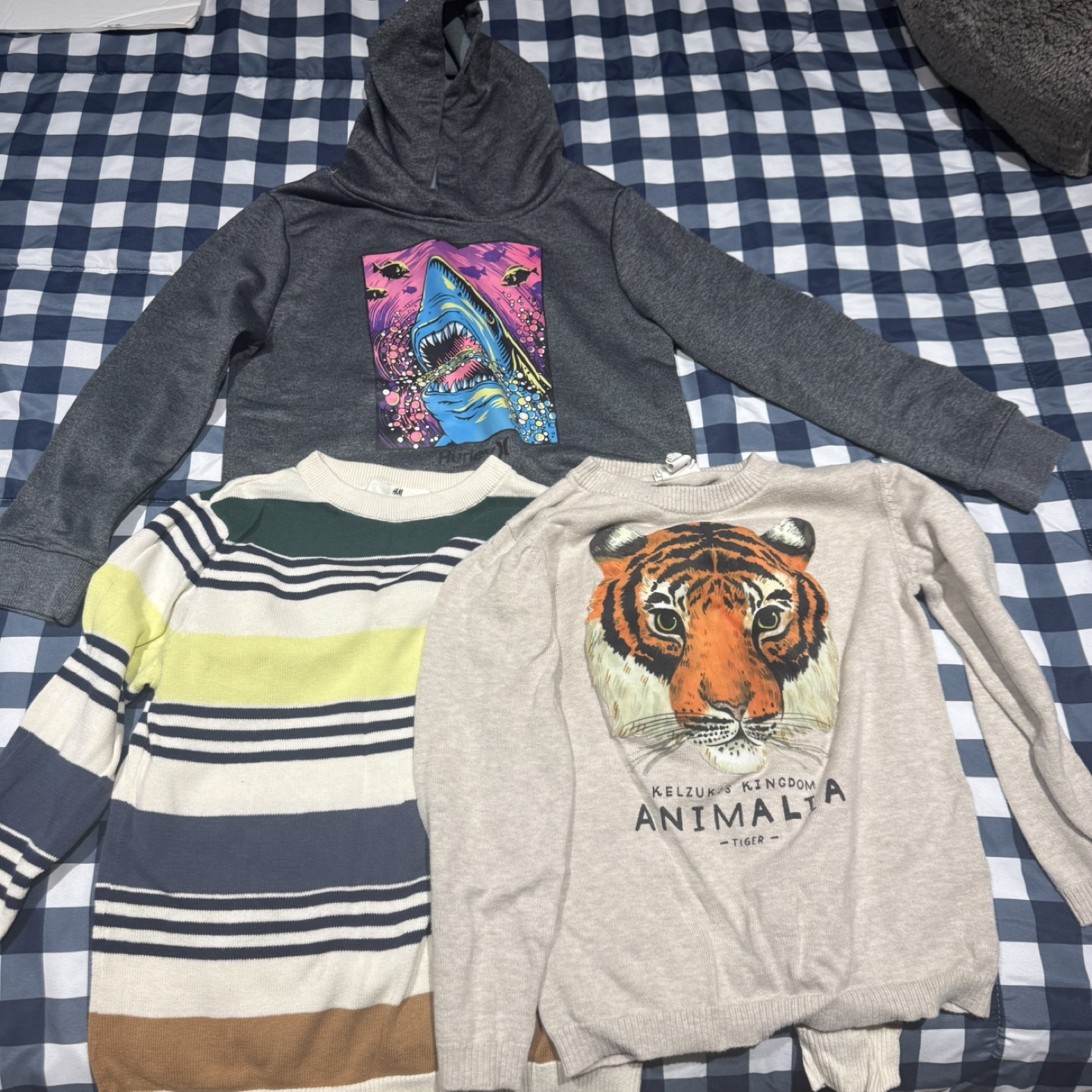 Three Kids' Sweaters - Shark, Stripes & Tiger