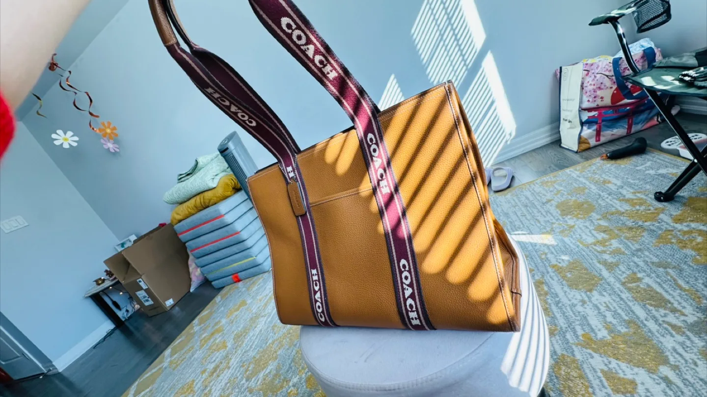 Coach Leather Tote Bag with Signature Stripe Strap thumbnail
