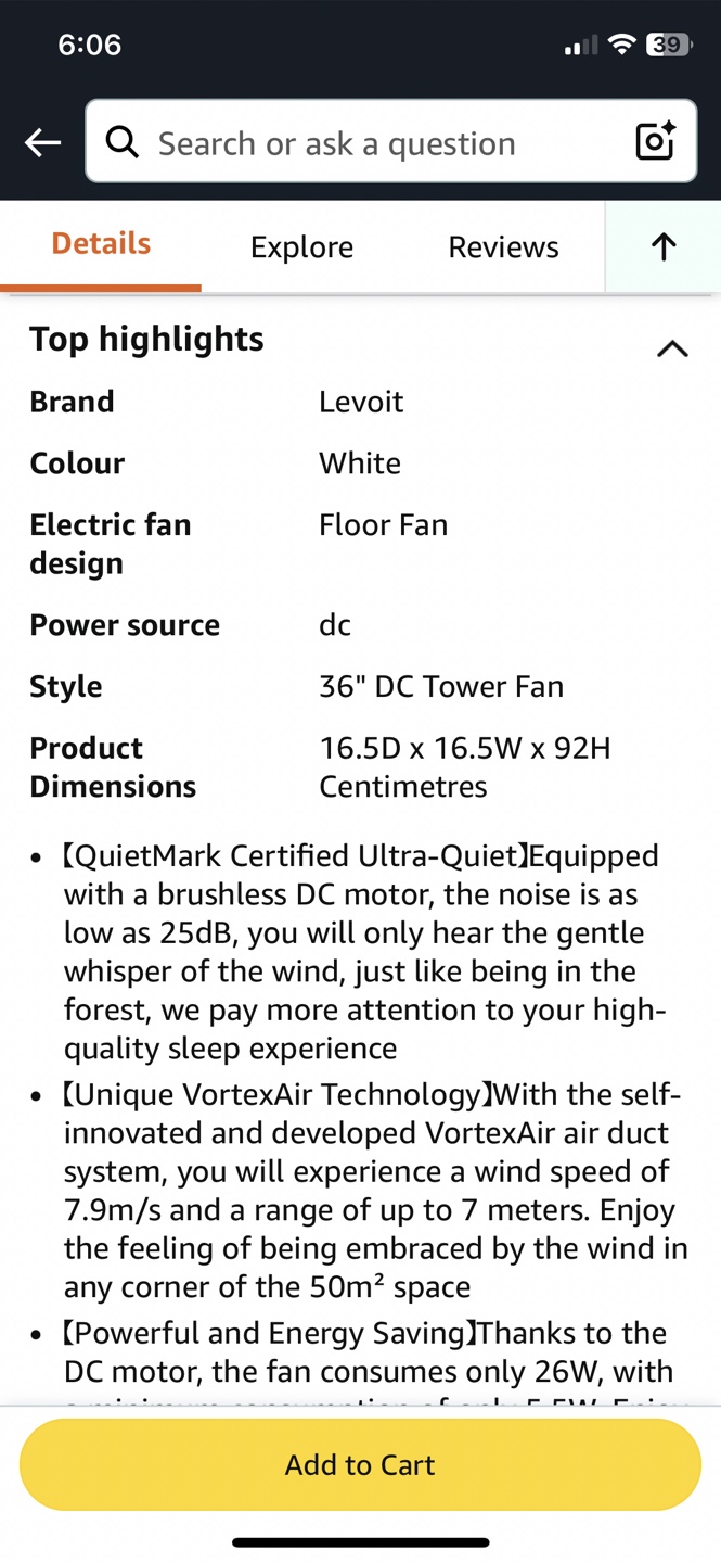 Levoit 36" DC Tower Fan - White - photo 4