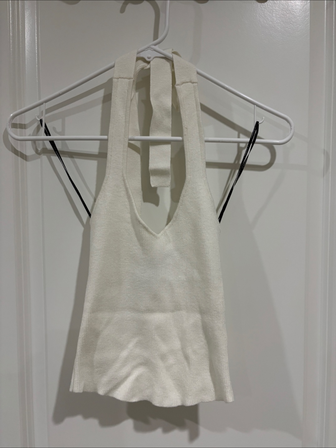 White Ribbed Knit Halter Neck Crop Top - photo 3