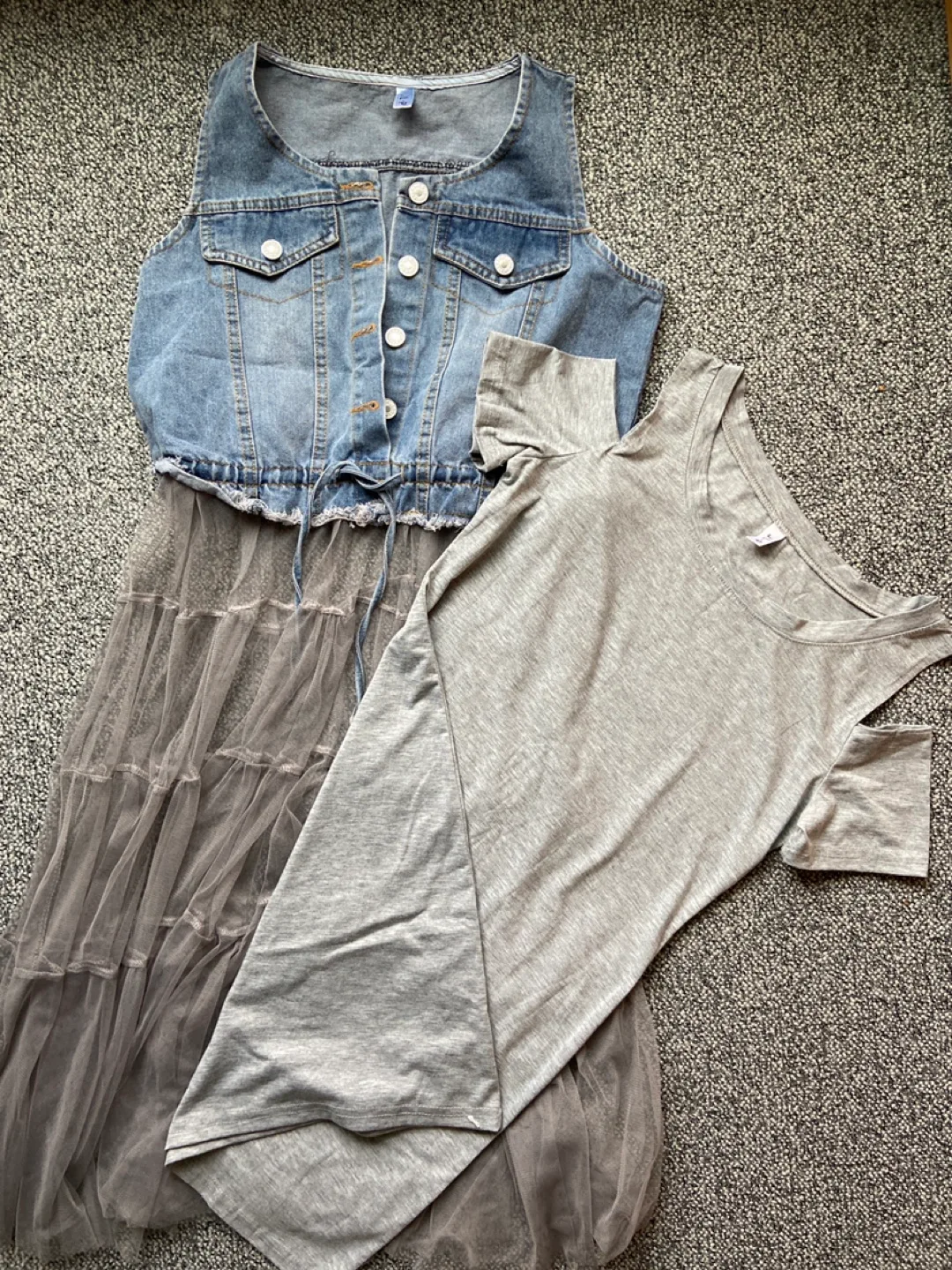 Grey Tulle Dress with Denim Vest thumbnail