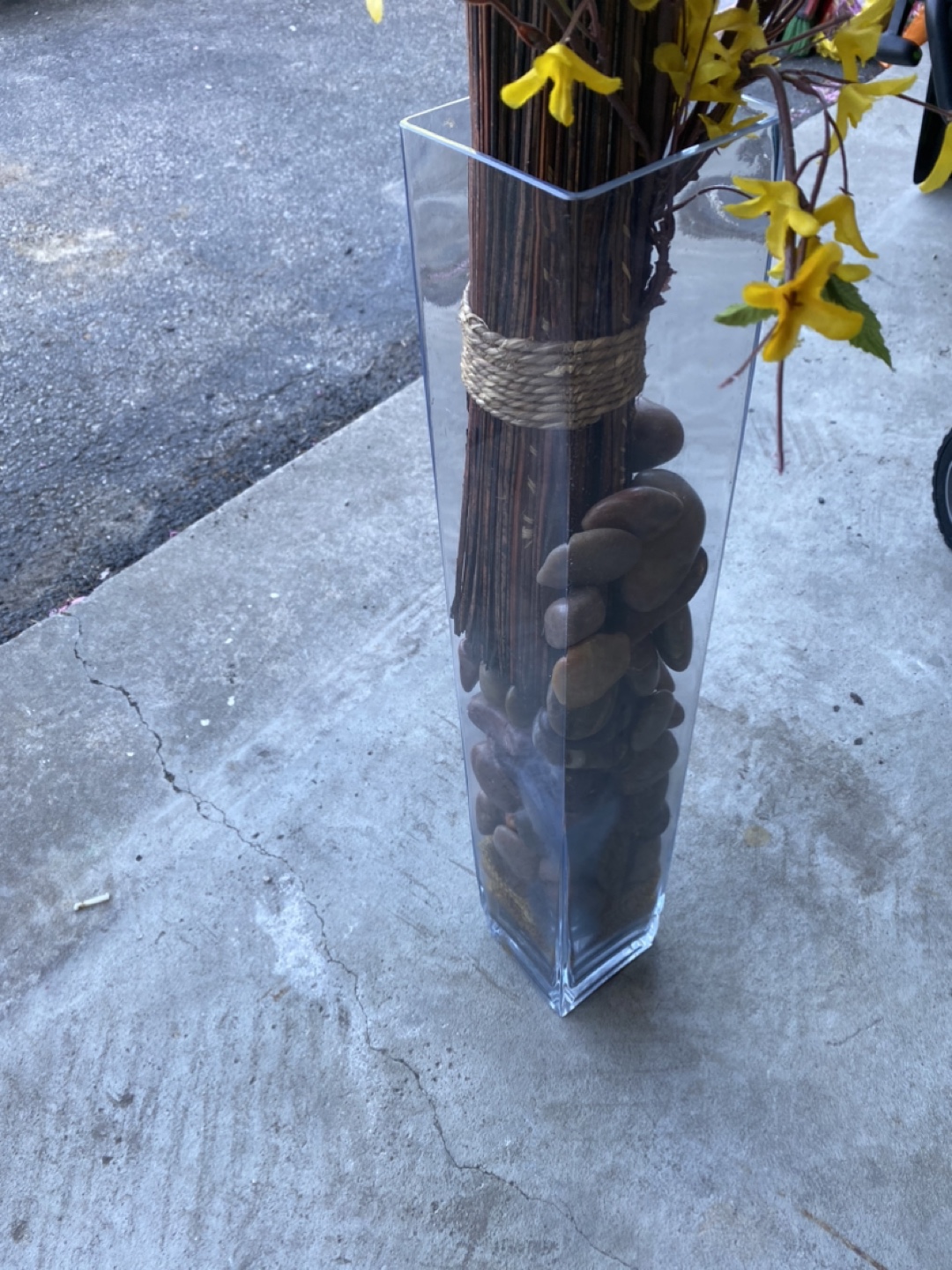 Tall Clear Glass Vase with Artificial Flowers and Stones