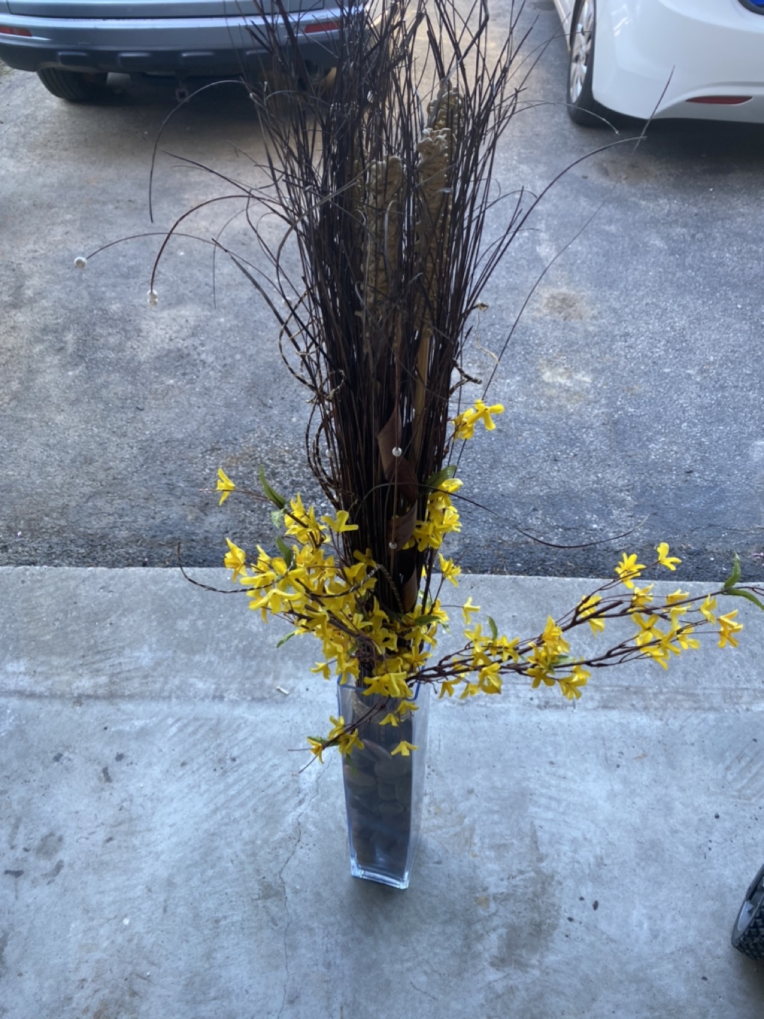 Tall Clear Glass Vase with Artificial Flowers and Stones - photo 2