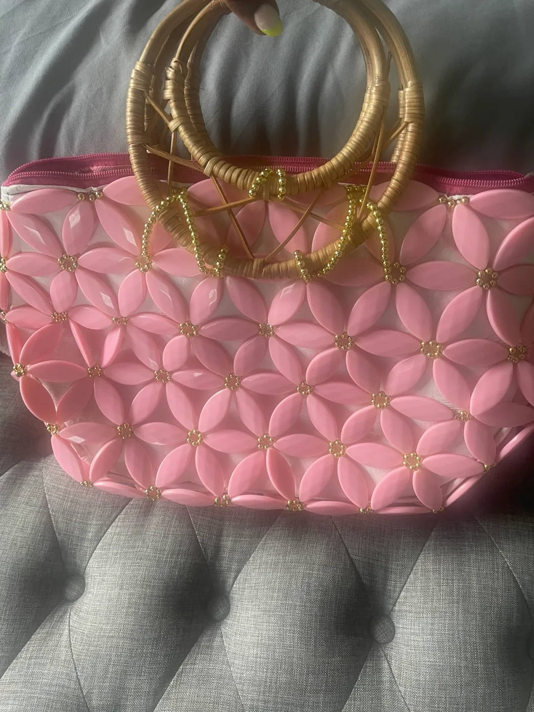 Pink Beaded Handbag with Bamboo Handles image indicator(2)