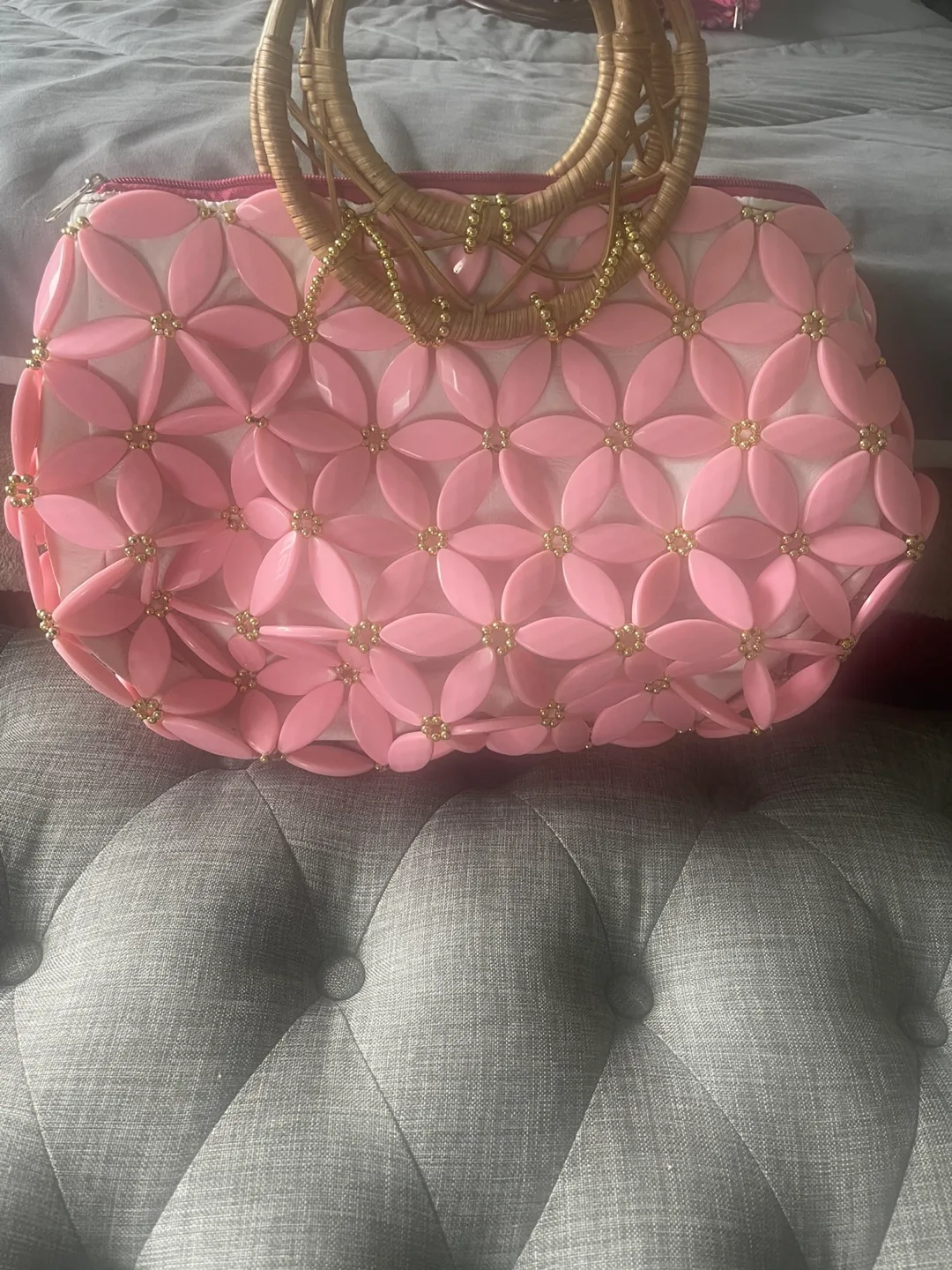 Pink Beaded Handbag with Bamboo Handles thumbnail