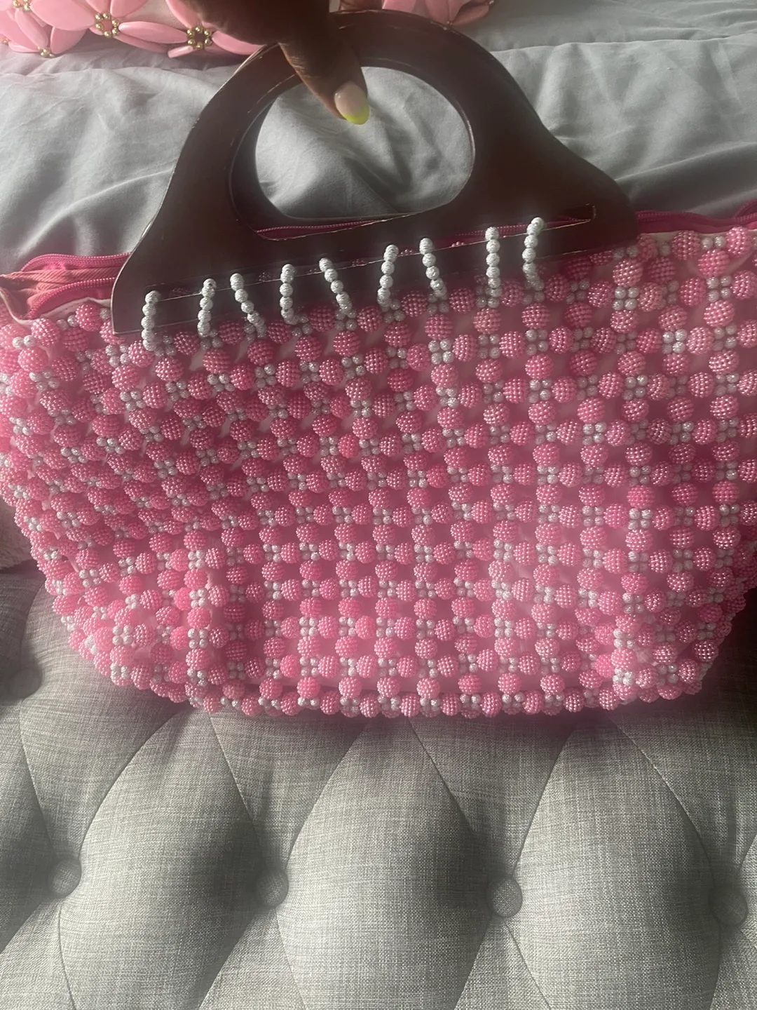 Beaded handbag with wooden handle thumbnail