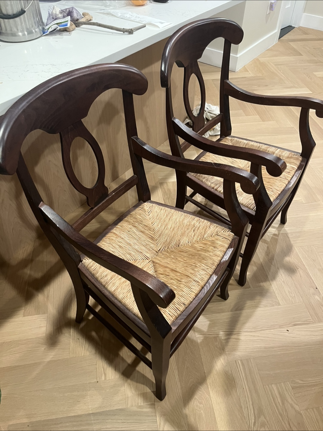 Pair of Dark Brown Wooden Armchairs with Straw Seats