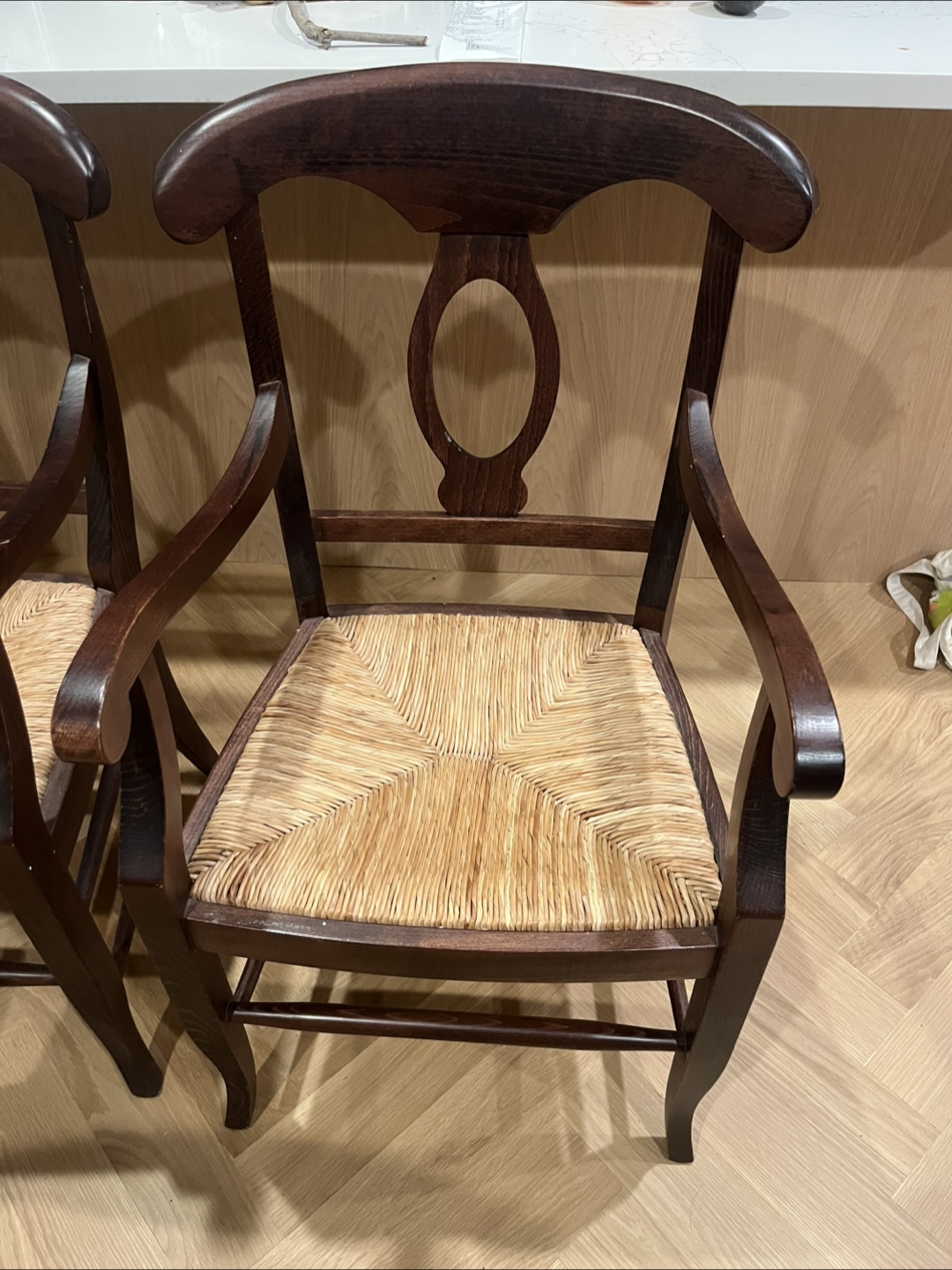 Pair of Dark Brown Wooden Armchairs with Straw Seats - photo 2