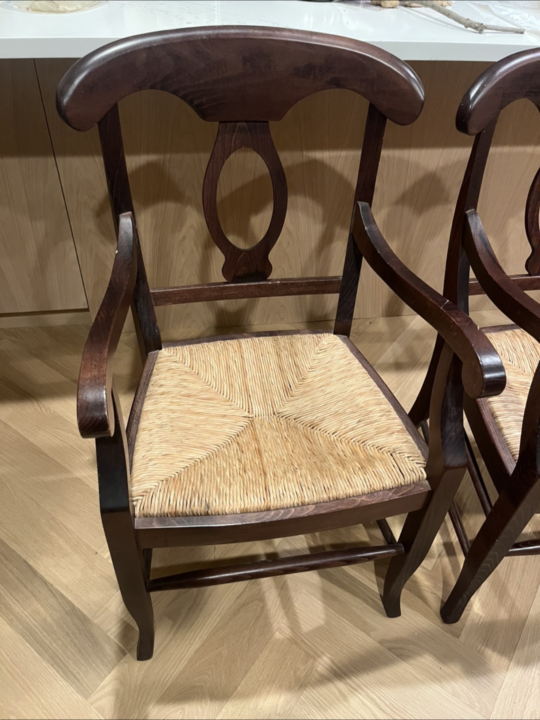 Pair of Dark Brown Wooden Armchairs with Straw Seats - photo 3