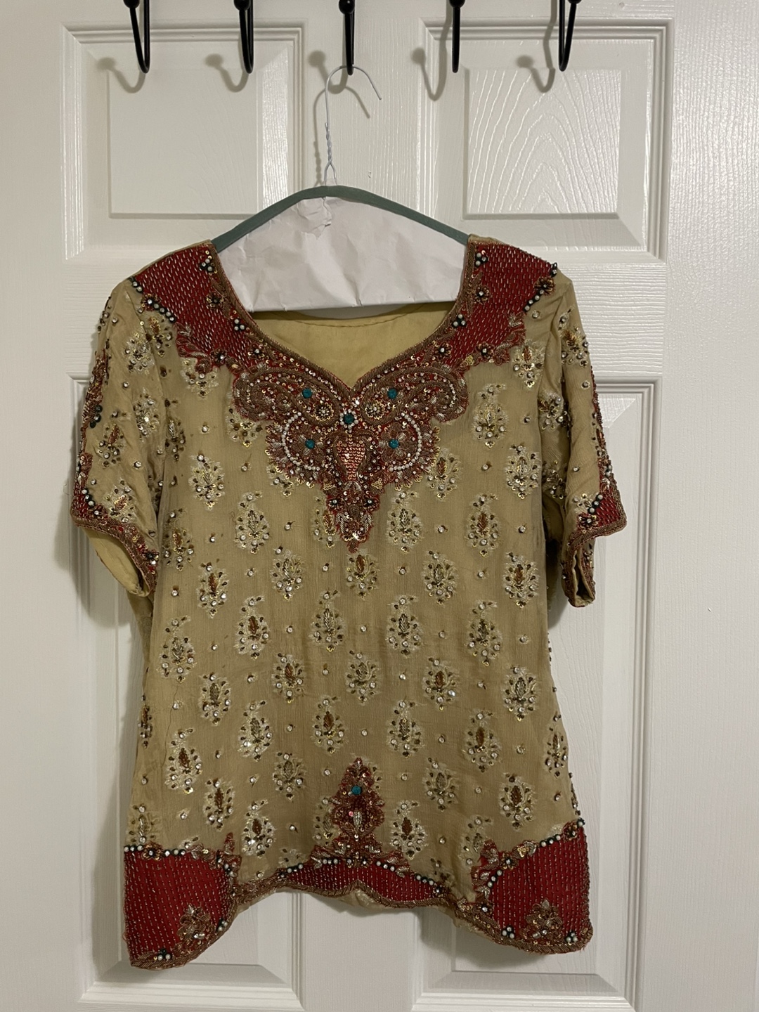 Beige and Red Pakistani Lehnga kurti