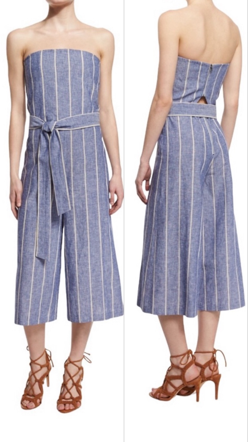 Alice + Olivia Blue Striped Linen Culotte Jumpsuit Size 6