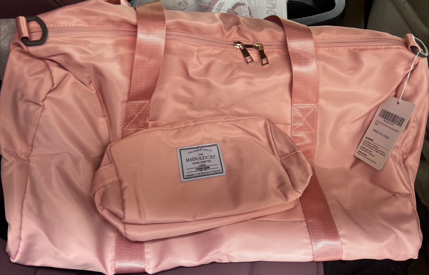 Pink Shouldcat Travel Duffle Bag with Matching Cosmetic Case