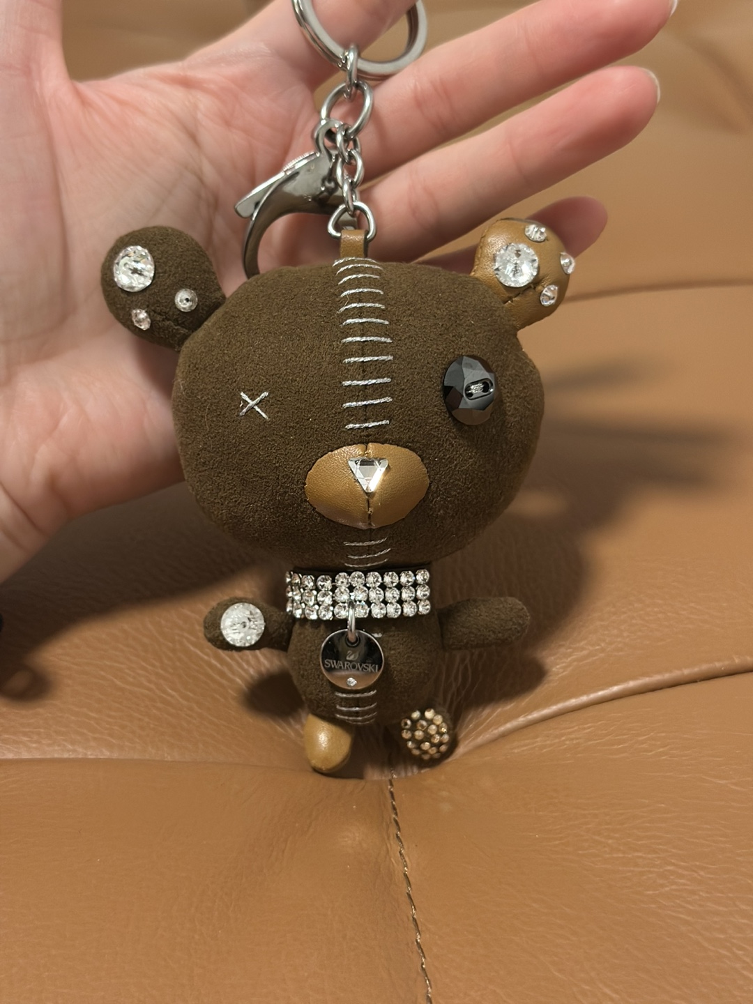 Swarovski Crystal Bear Keychain Bag Charm Genuine Leather Suede