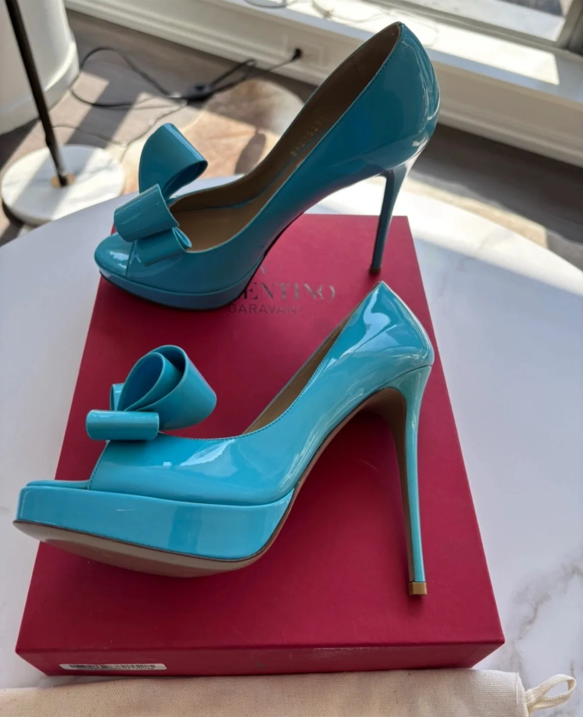 Valentino Garavani Blue Patent Leather Bow Heels, Size 37 thumbnail
