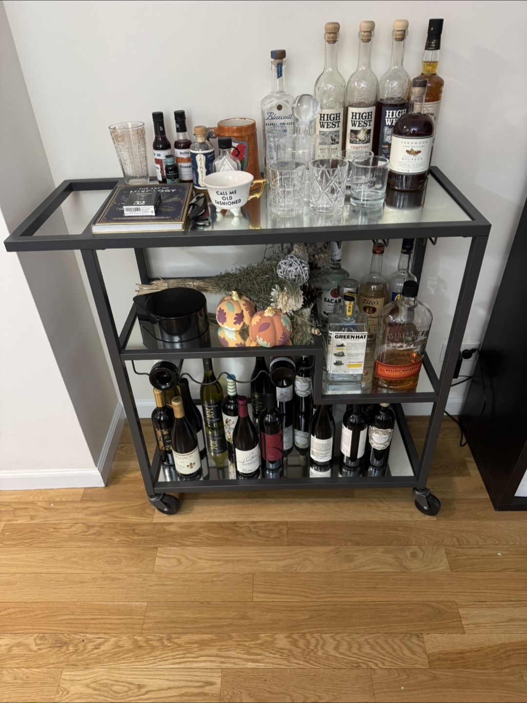 Bar Cart with Glass Shelves and Metal Frame