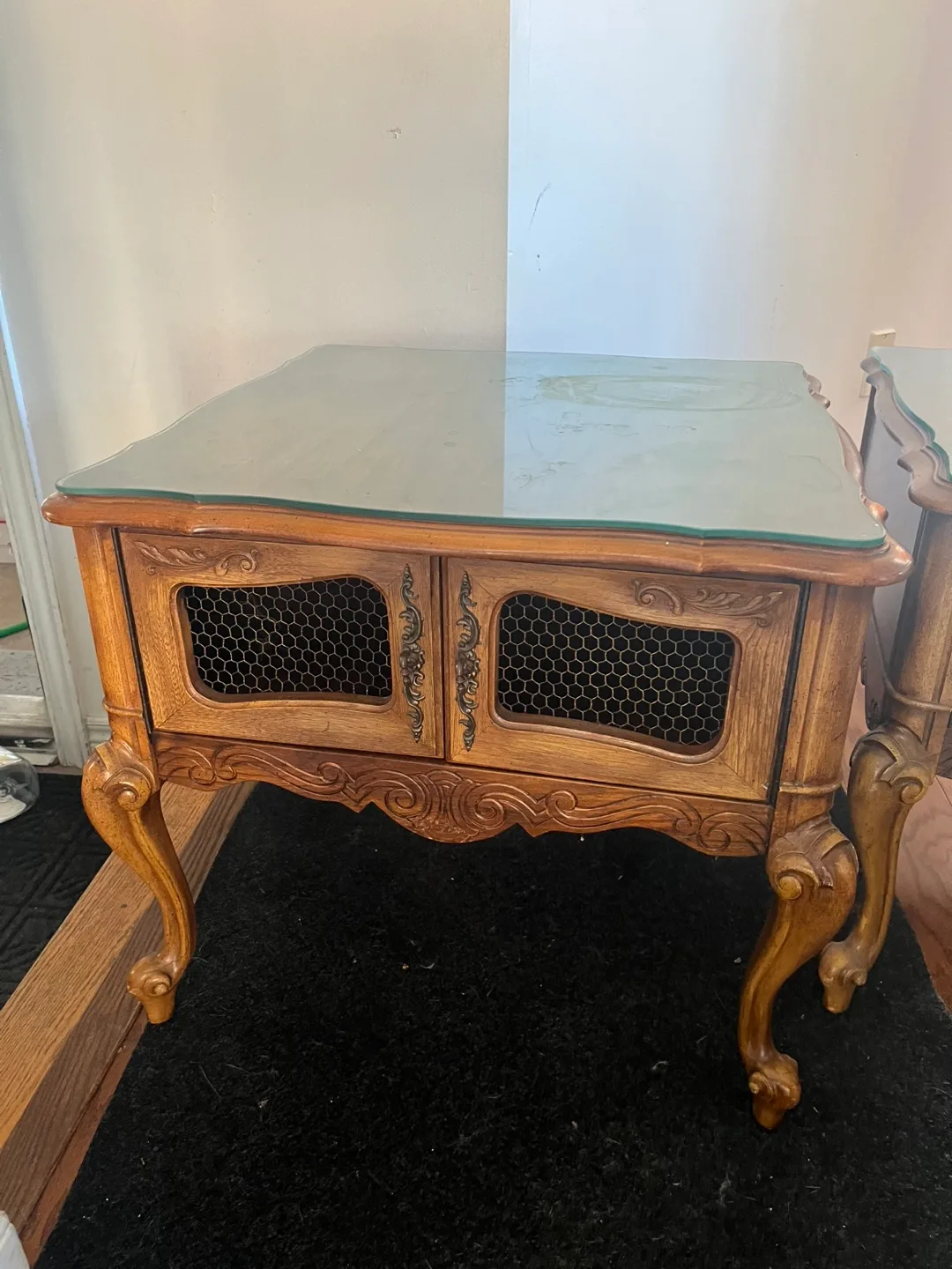 Pair of Antique-Style End Tables with Glass Tops thumbnail