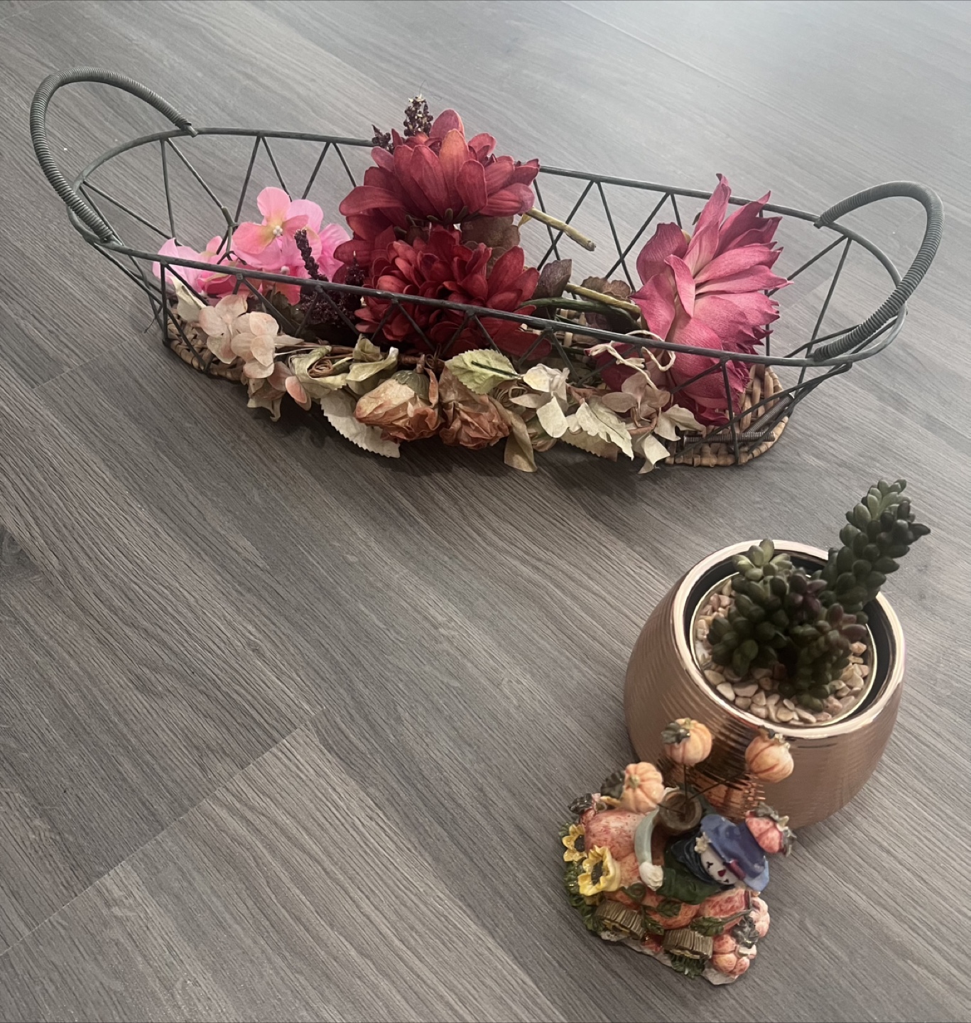 Moving sale - Wire Basket with Flowers, Planter and Figurine