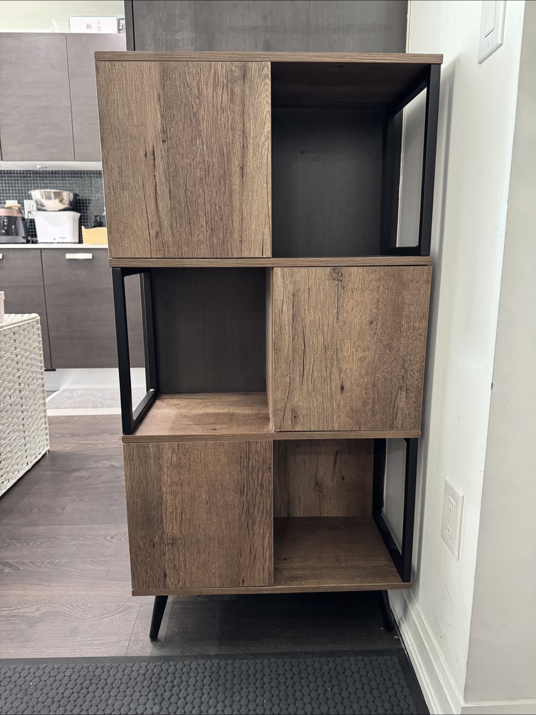 Mid-Century Wood Bookcase with Doors and Open Shelves