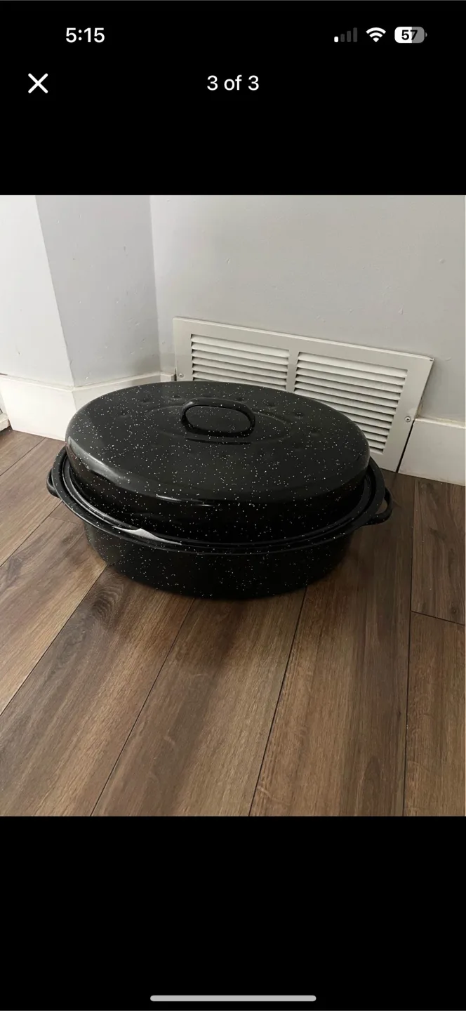 Vintage Black Enamel Roasting Pan with Lid thumbnail