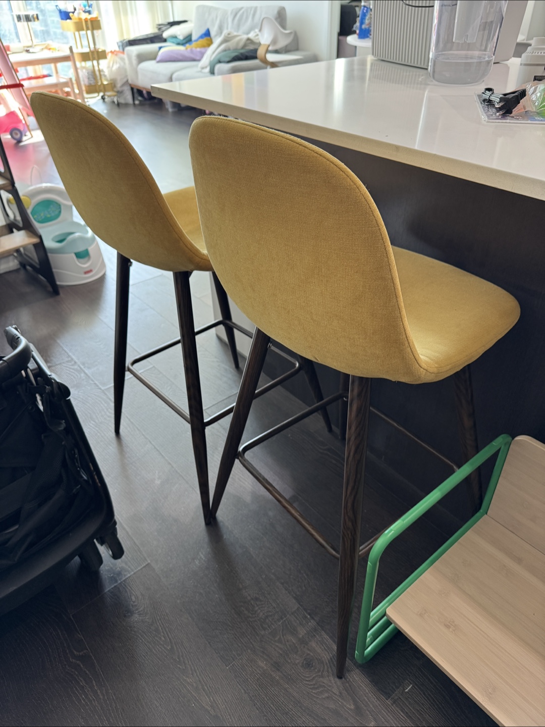 Pair of Mustard Yellow Velvet Counter Stools - photo 2