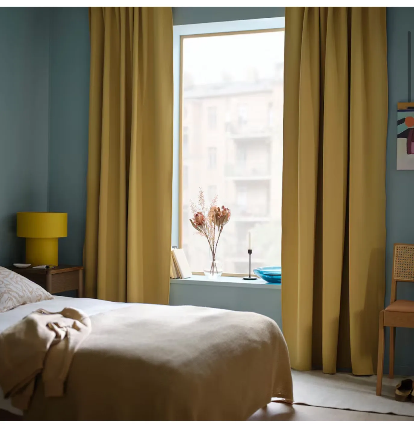 Beige yellow room darkening curtains with heading tape thumbnail