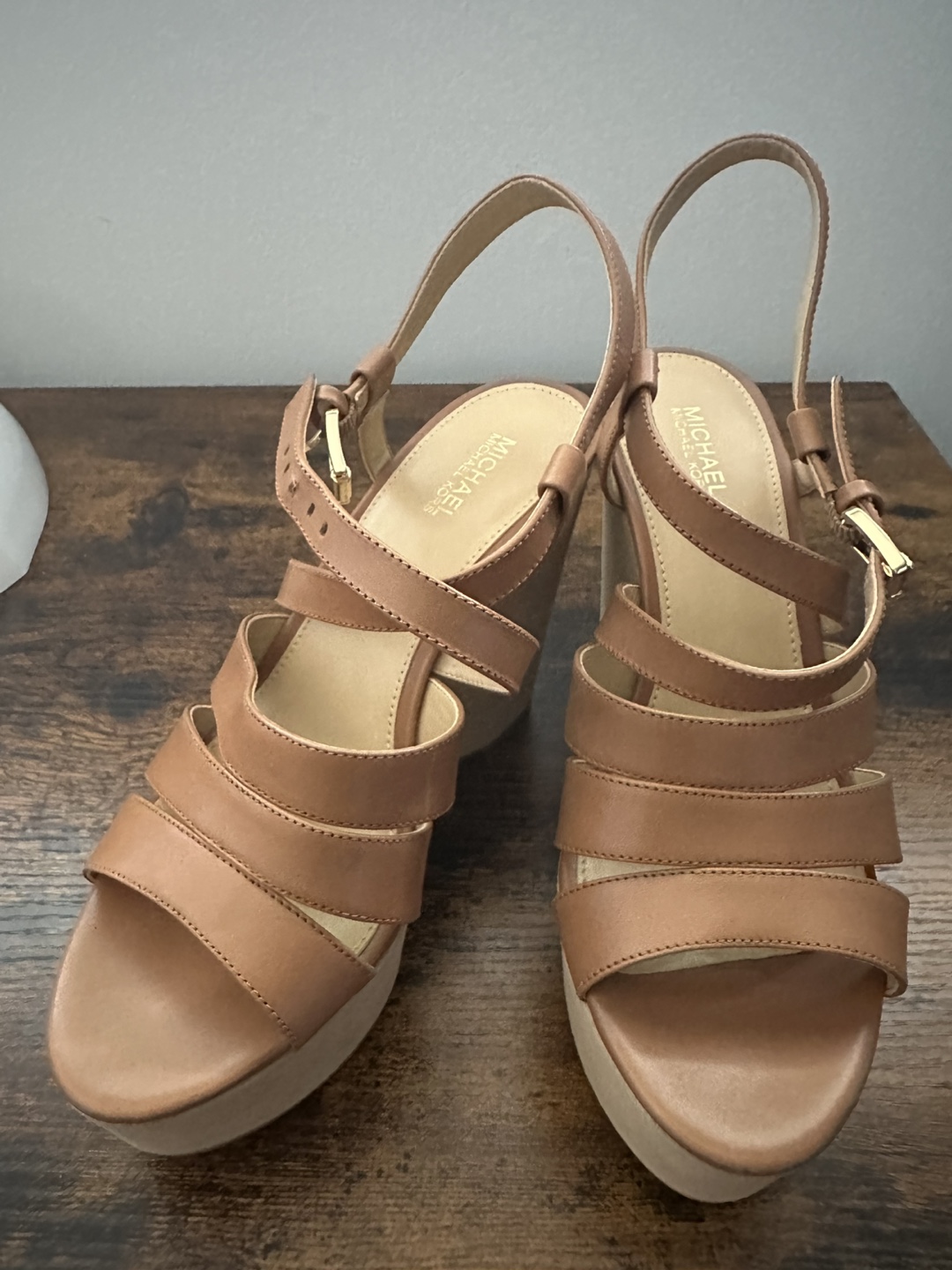 Michael Kors Tan Leather Wedge Sandals