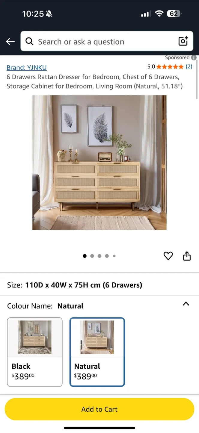YINKU 6-Drawer Rattan Dresser - Natural