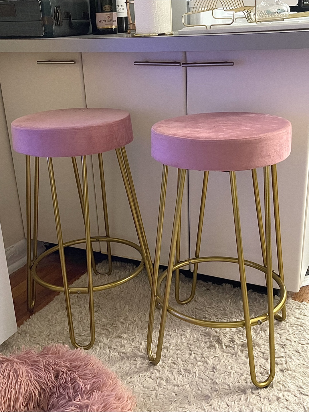 Pair of Pink Velvet & Gold Stools