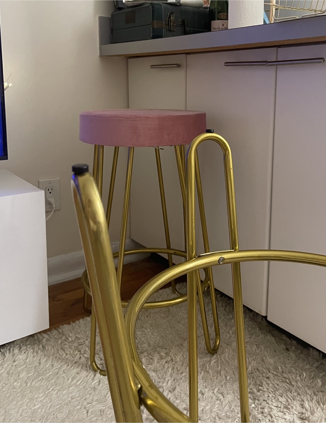Pair of Pink Velvet & Gold Stools - photo 3