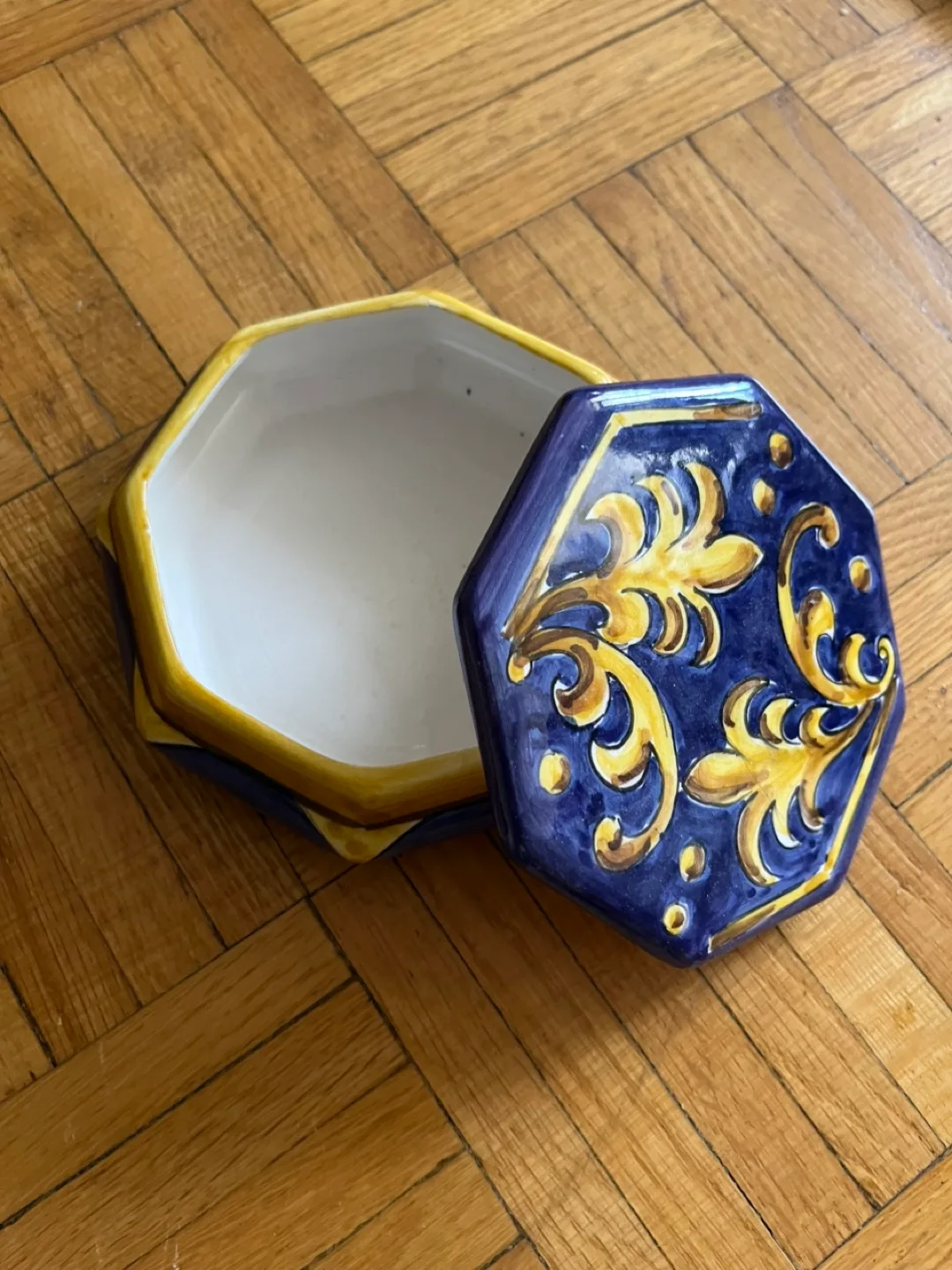 Octagonal Jewelry Box, Blue and Gold Floral Design thumbnail