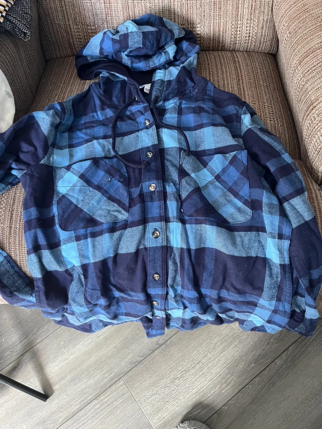 Women's Blue Plaid Hooded Flannel Shirt thumbnail