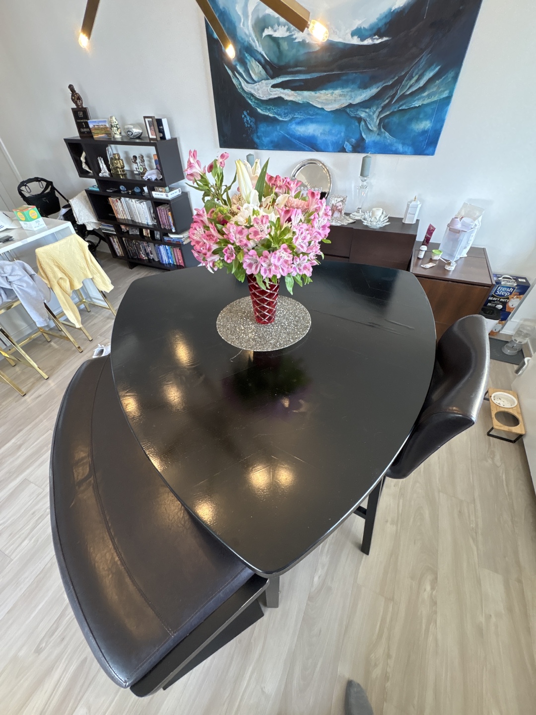 Black Triangle Table with Two Stools and Bench - photo 4