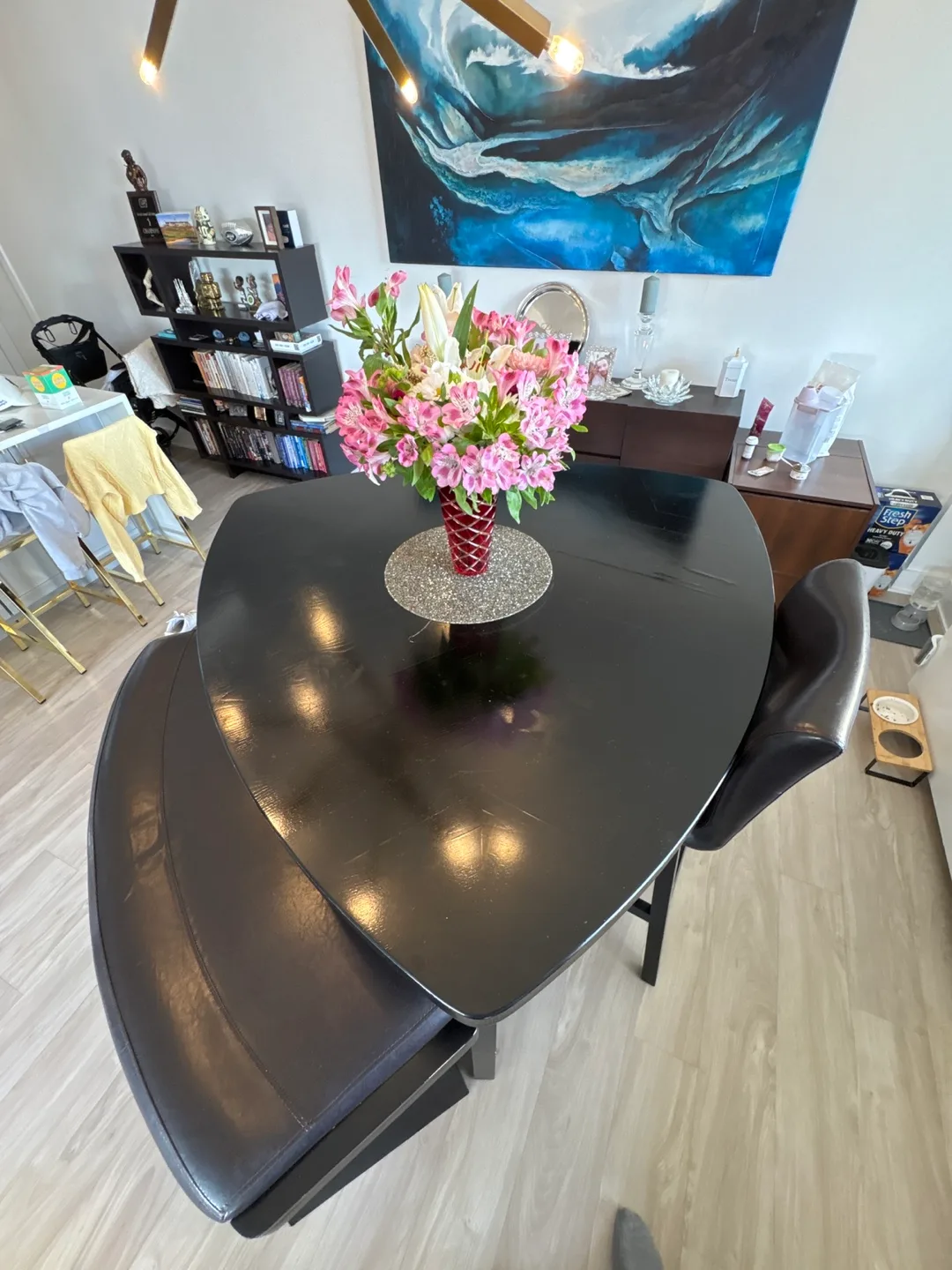 Black Triangle Table with Two Stools and Bench image indicator(4)