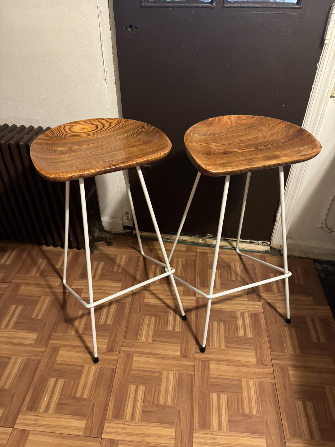 Pair of Mid-Century Modern Wood and Metal Bar Stools