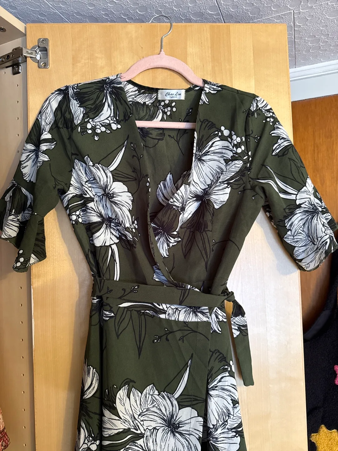 Olive green floral wrap midi dress image indicator(2)