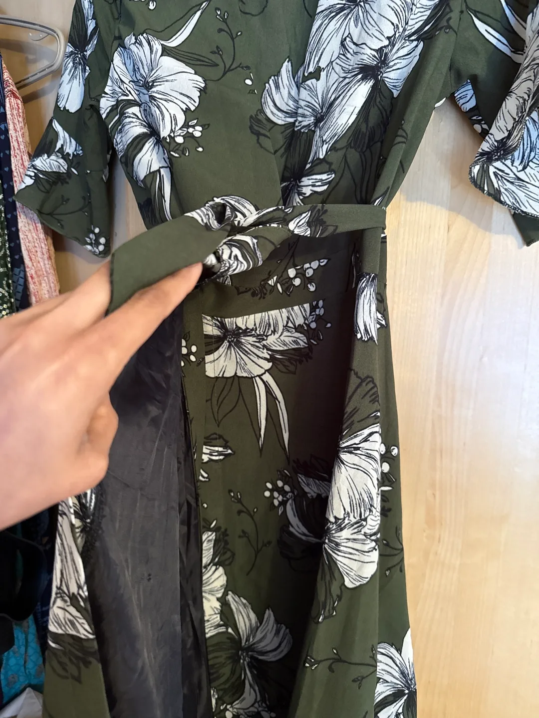 Olive green floral wrap midi dress image indicator(3)