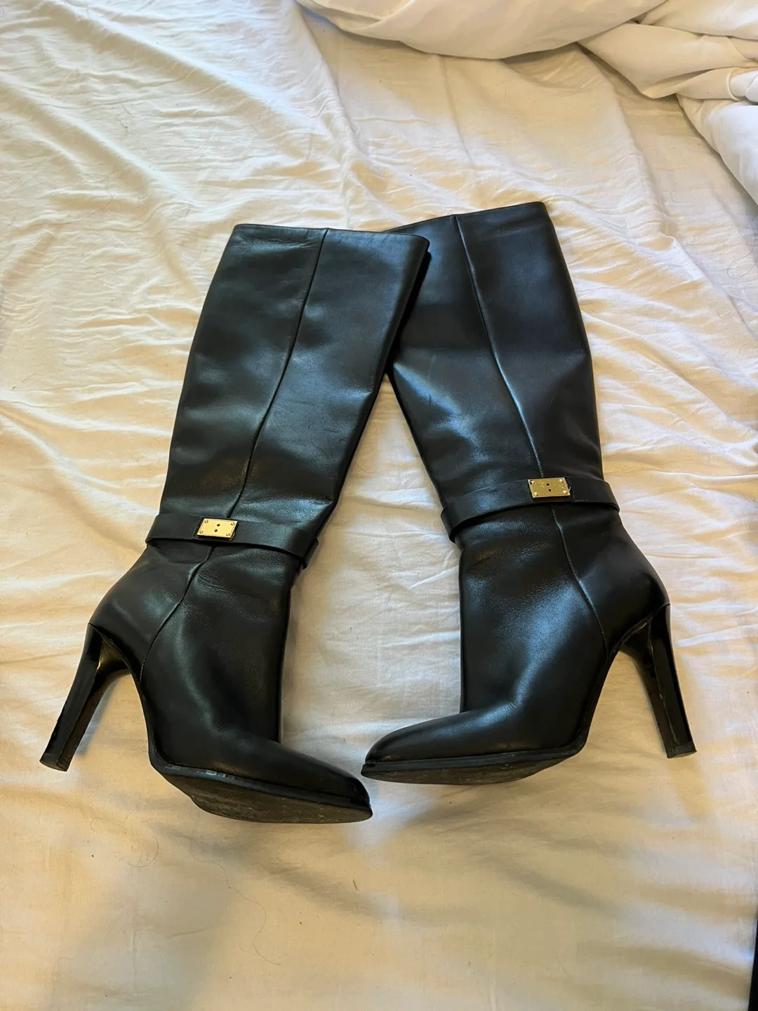 Black Leather Knee-High Boots with Gold Zipper thumbnail