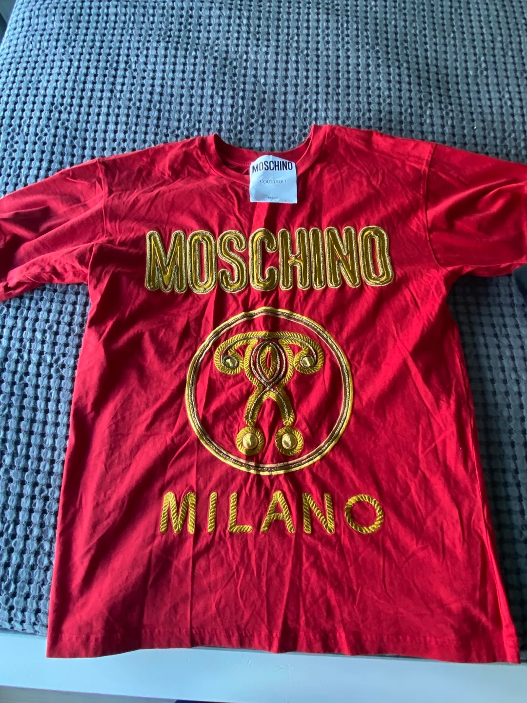 Moschino Couture! Red T-Shirt with Gold Embroidery thumbnail