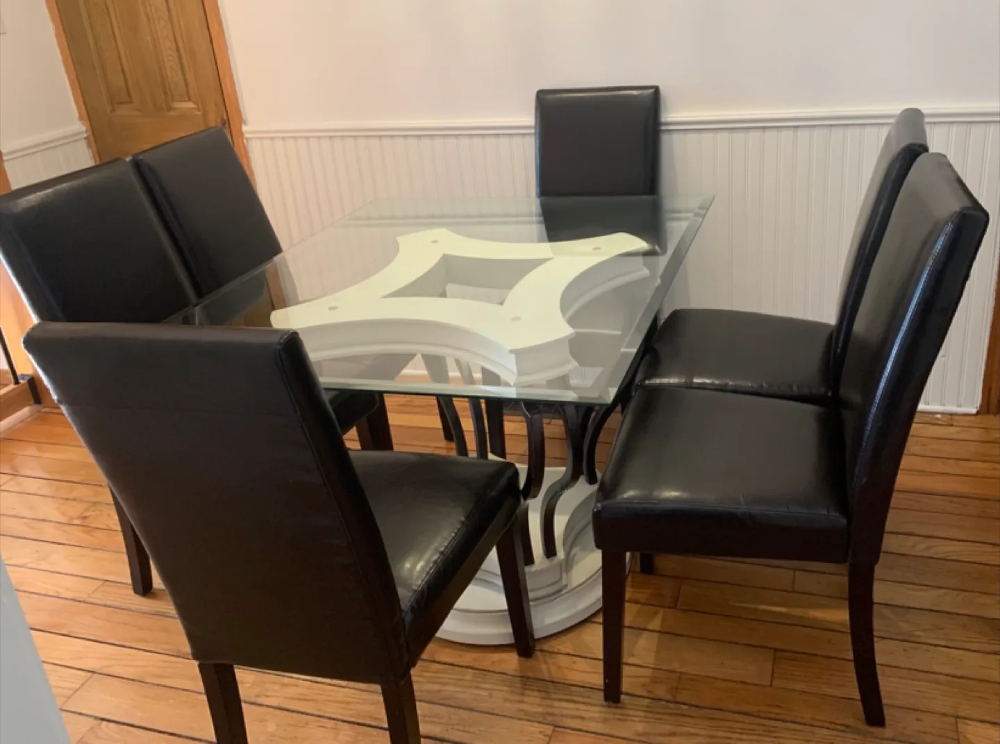 Black Leather Dining Chairs & Glass Top Table