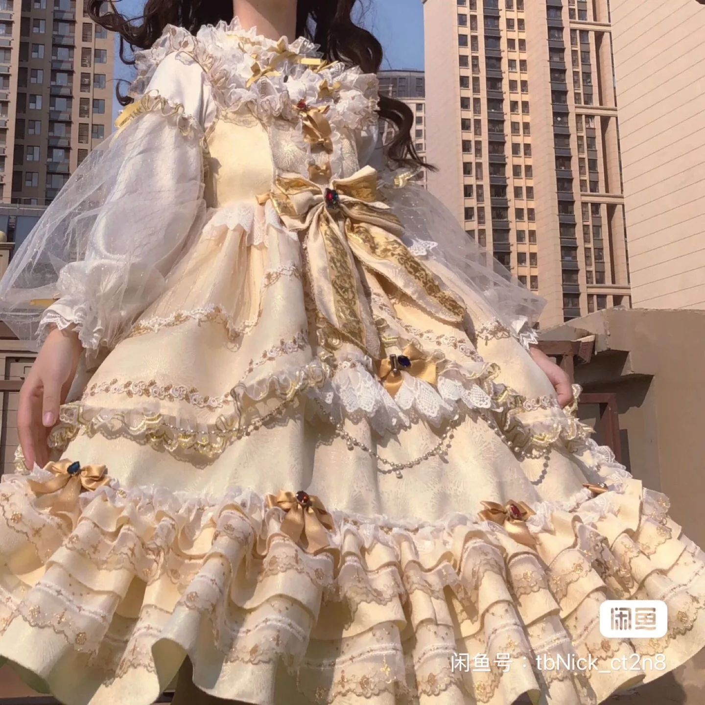 Elegant Lolita Dress, Beige and Gold, Tiered Ruffles thumbnail